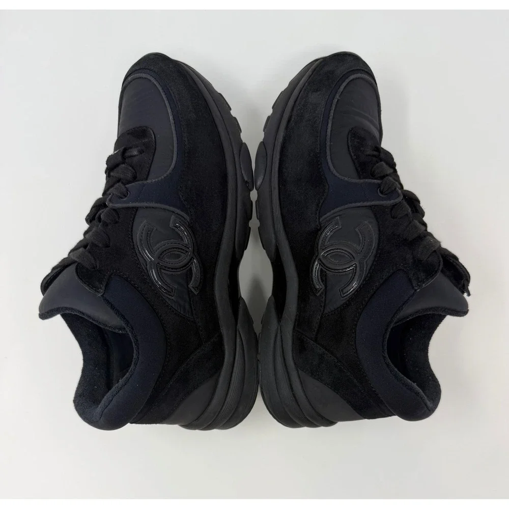 Chanel CC Triple Black Suede Trainer Sneaker Size 8 US 38 EU